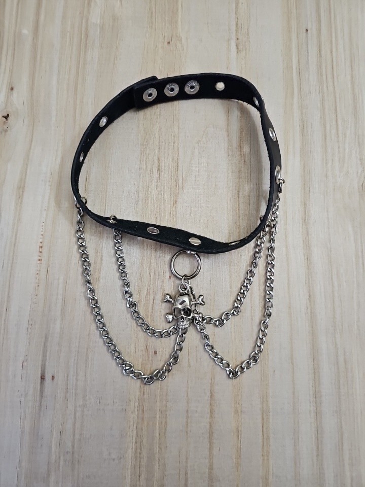 Gothic Skull Chain Buckle Black Leather Men's Womens Choker Collar Necklace
