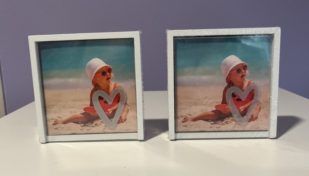 Set of 2 Keepsake White Frames for 3.75 Square Photos with Silver Heart Accent