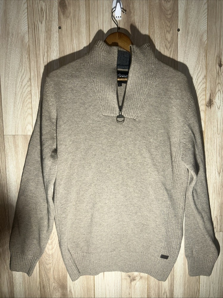 Barbour Men's Large Beige Wool 1/4 Zip Long Sleeve Pullover Sweater