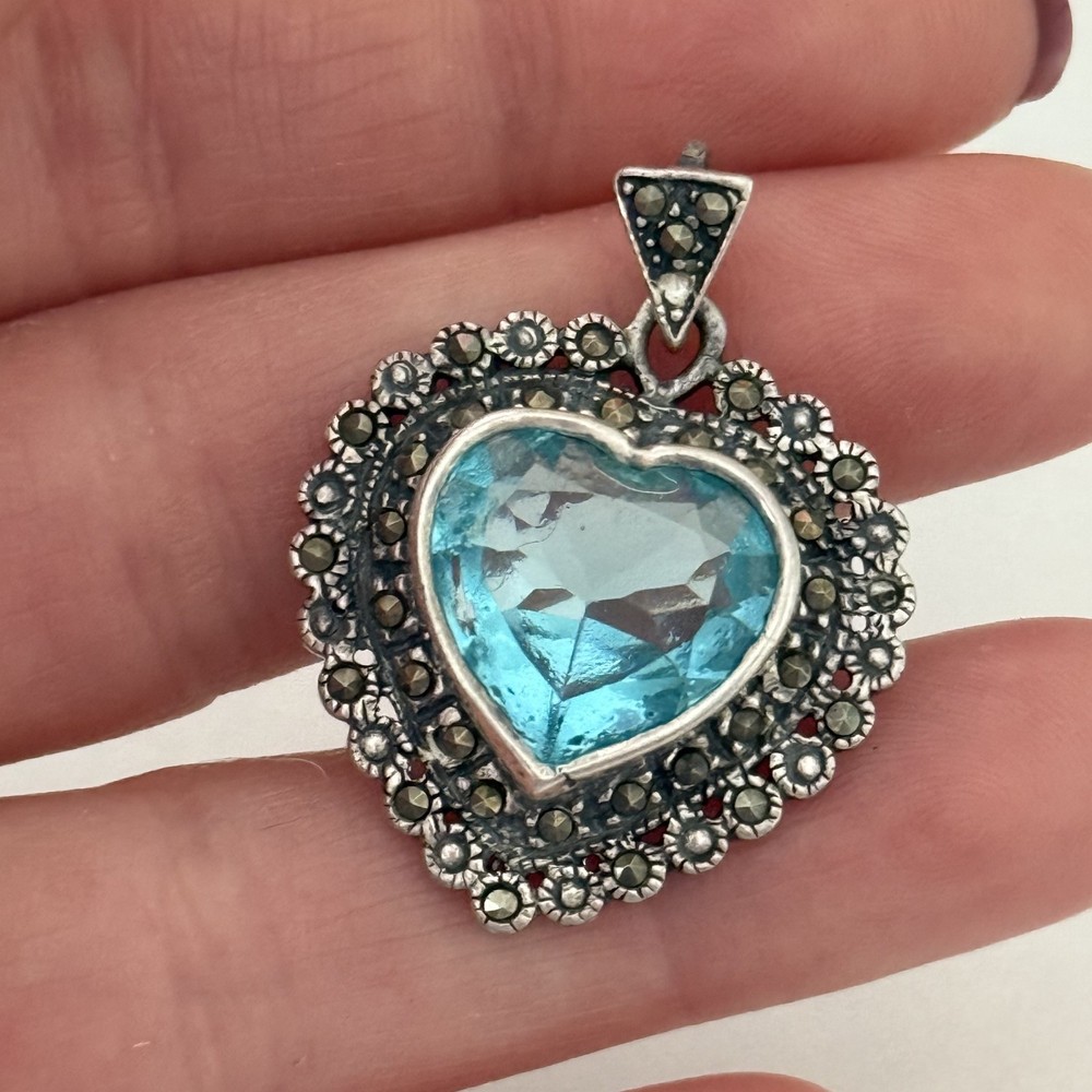 Vintage 925 Sterling Silver Marcasite Blue Topaz Heart Pendant