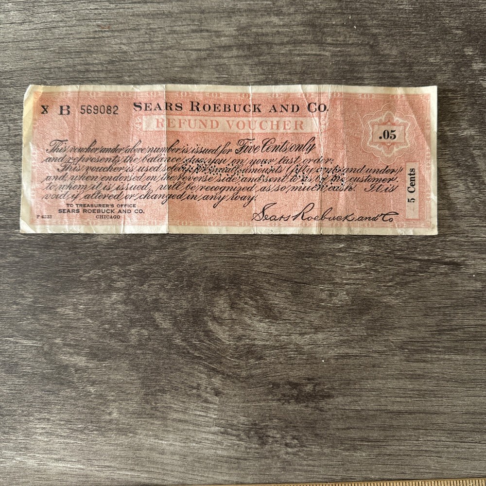 Vintage Ephemera Paper Sears Roebuck and Co 5¢ Refund Voucher Certificate