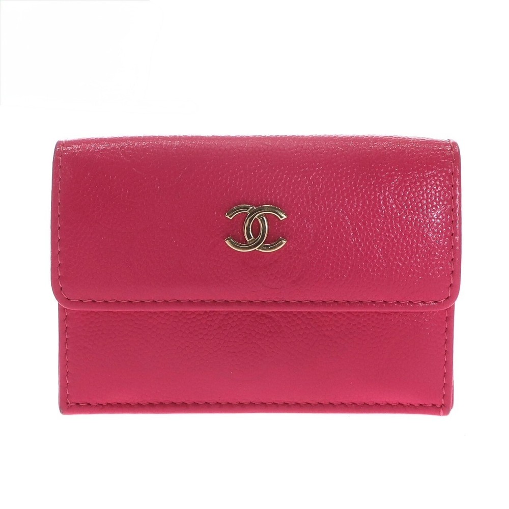 CHANEL Pink Caviar Leather Camellia Embossed Trifold Wallet W B Auth