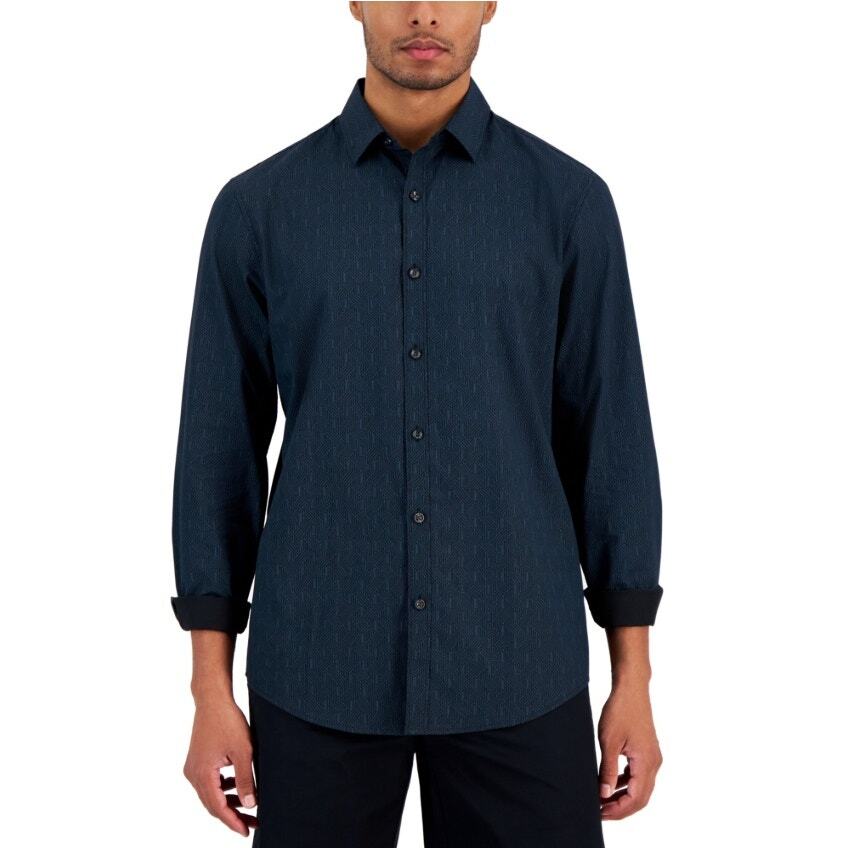 Alfani Men's Dark Blue Geo Print Cotton Long Sleeve Button Down Shirt Size S