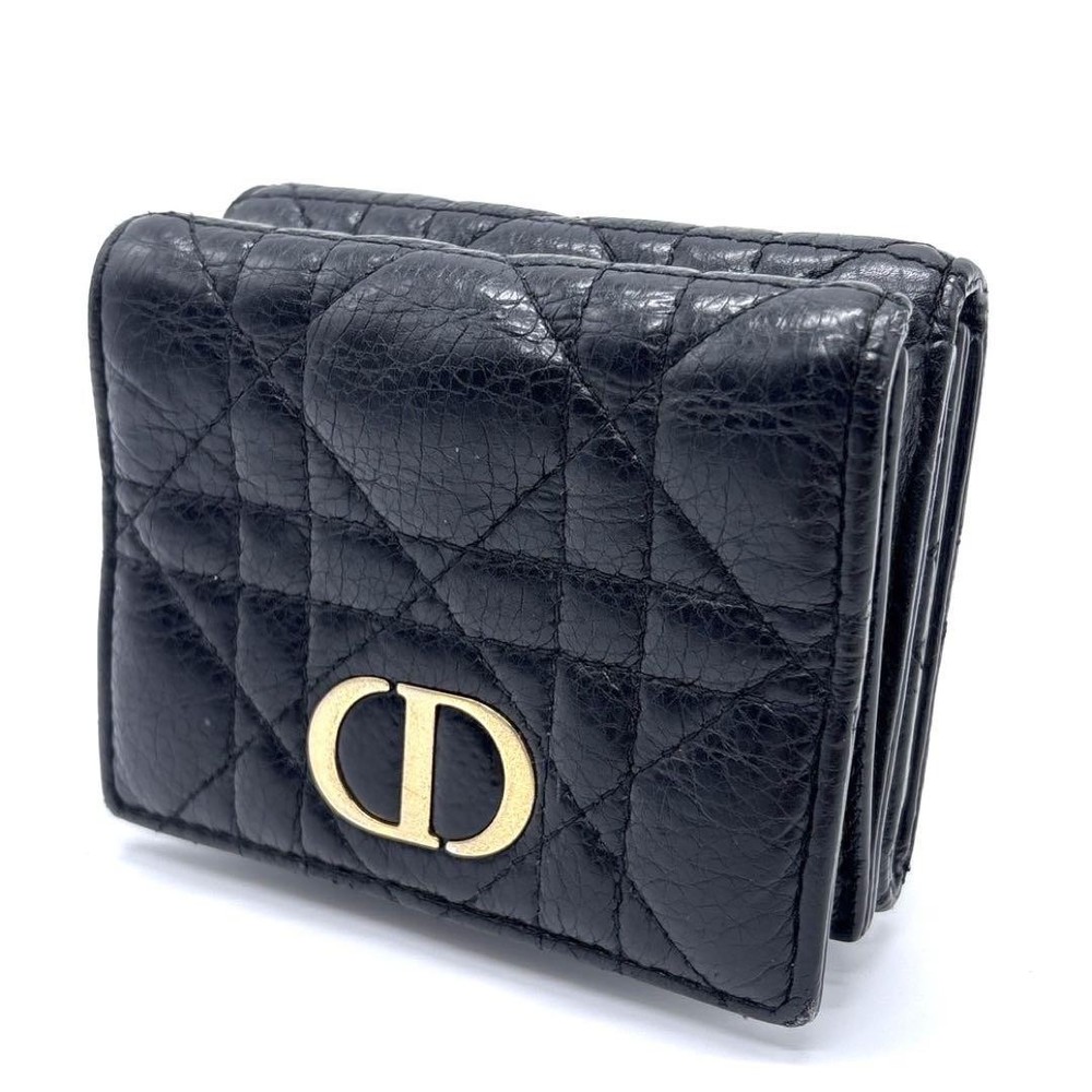 Dior Caro Trifold Wallet in Black Lambskin with Credit Card Slots Pre-Owned