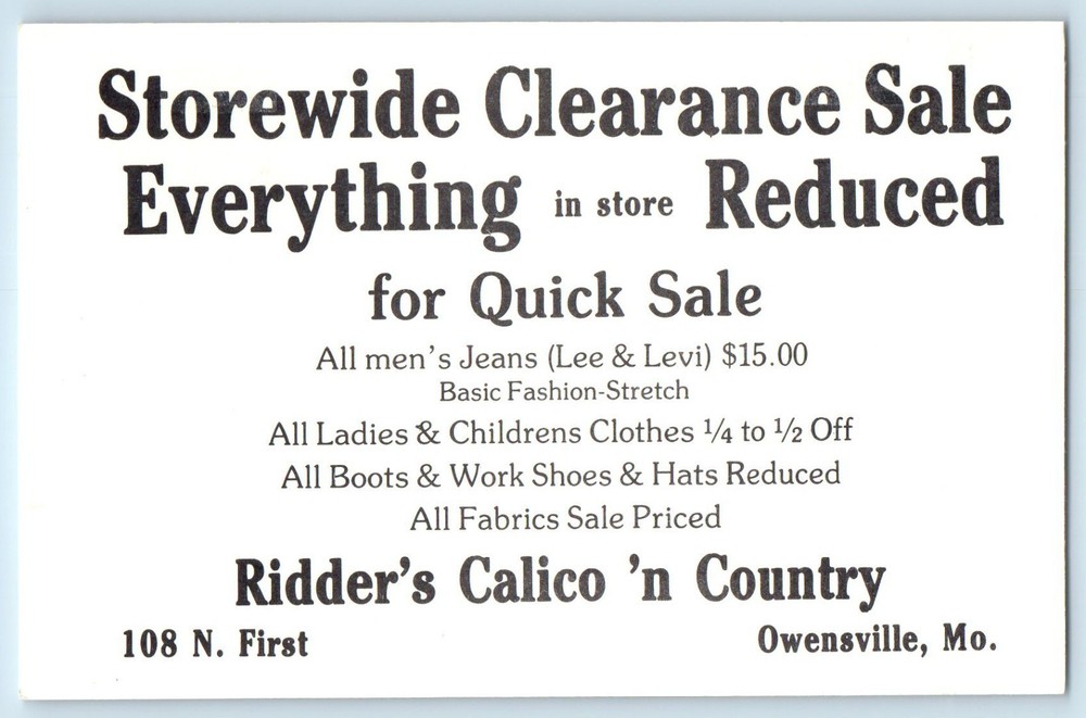 Storewide Clearance Sale Ridder's Calico N Country Advertising Postal Card-image