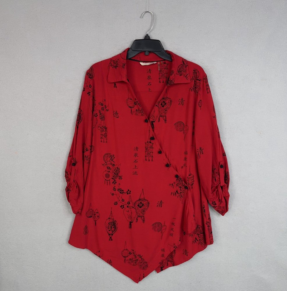 Soft Surroundings Blouse Womens Large Red Asian Lantern Print Tunic Top Geisha