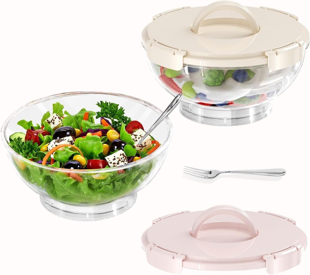 2Pack Large Leakproof Salad Bowl W/ Ice Pack & Fruit Forks Fridge Food Container