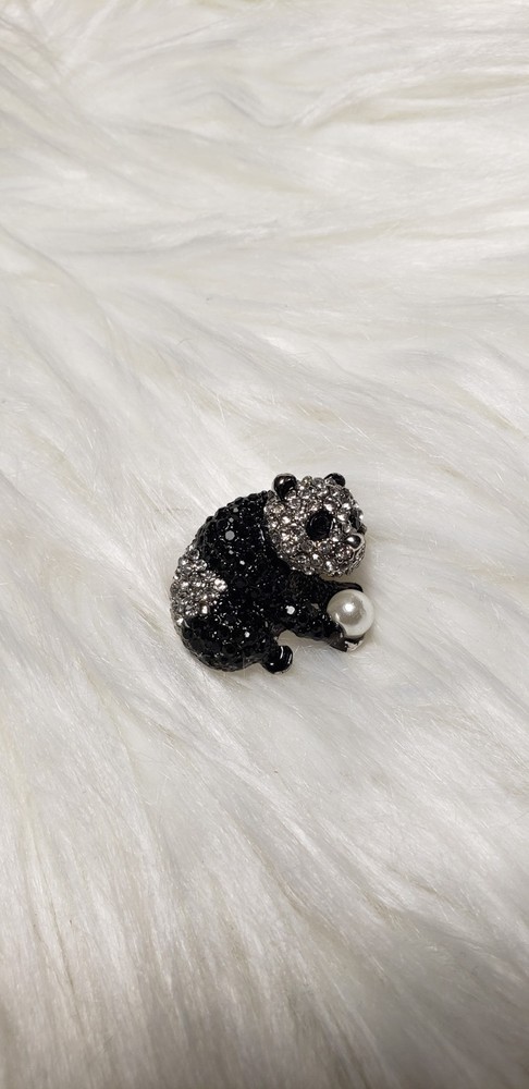 Rhinestone Panda Pearl Pin - Silvertone Metal Charm 1x1 Inch