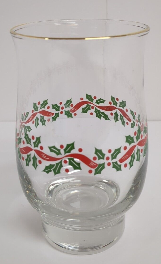 Vintage Libbey Holly Berry Tulip Tumbler Christmas Glass Gold Rim 5.25