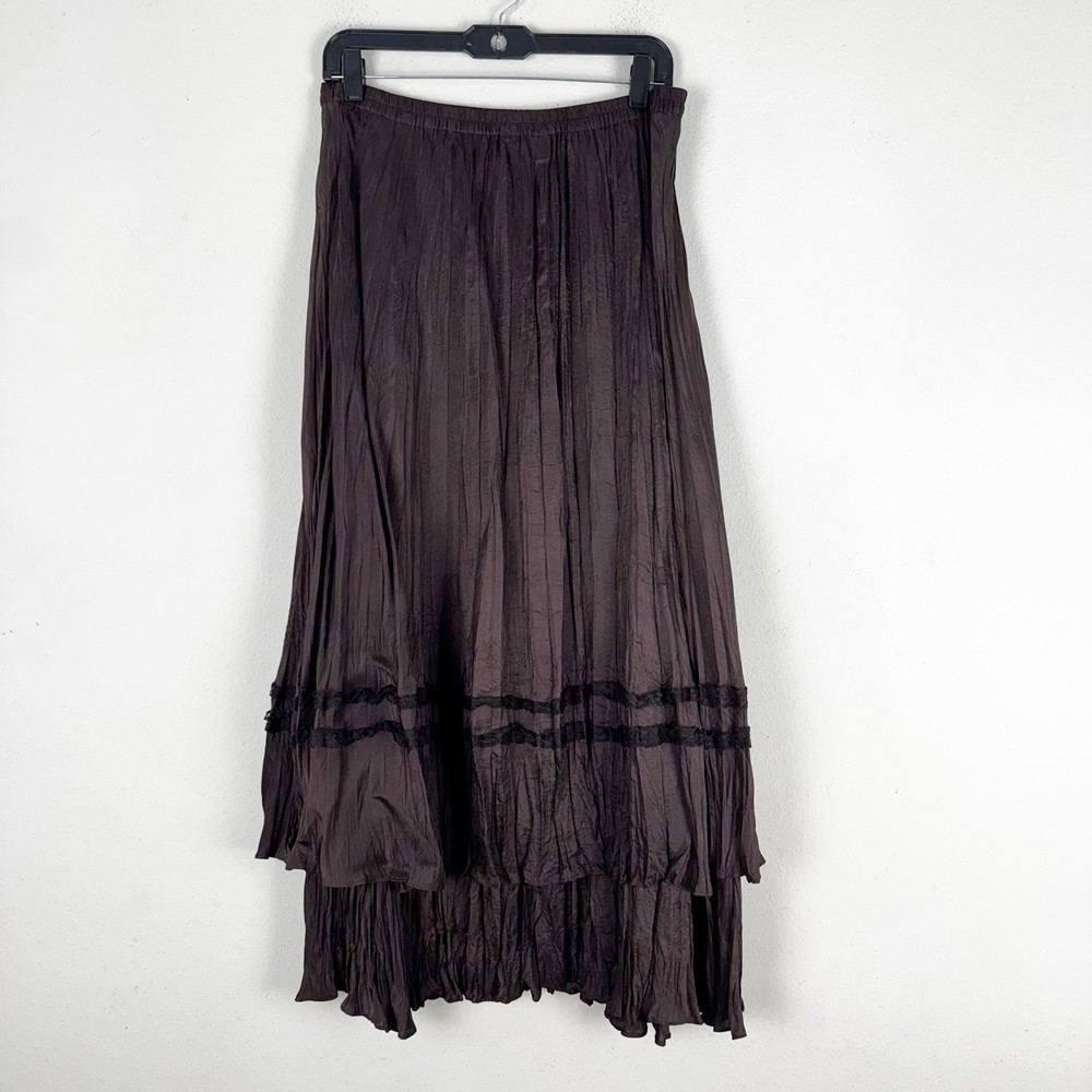 Chico's Women's Crinkle Tiered Broomstick Silk Skirt Size 2 Dark Brown