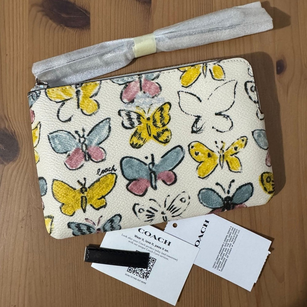NWT Coach Corner Zip Wristlet Butterfly Print Wristlet Purse  