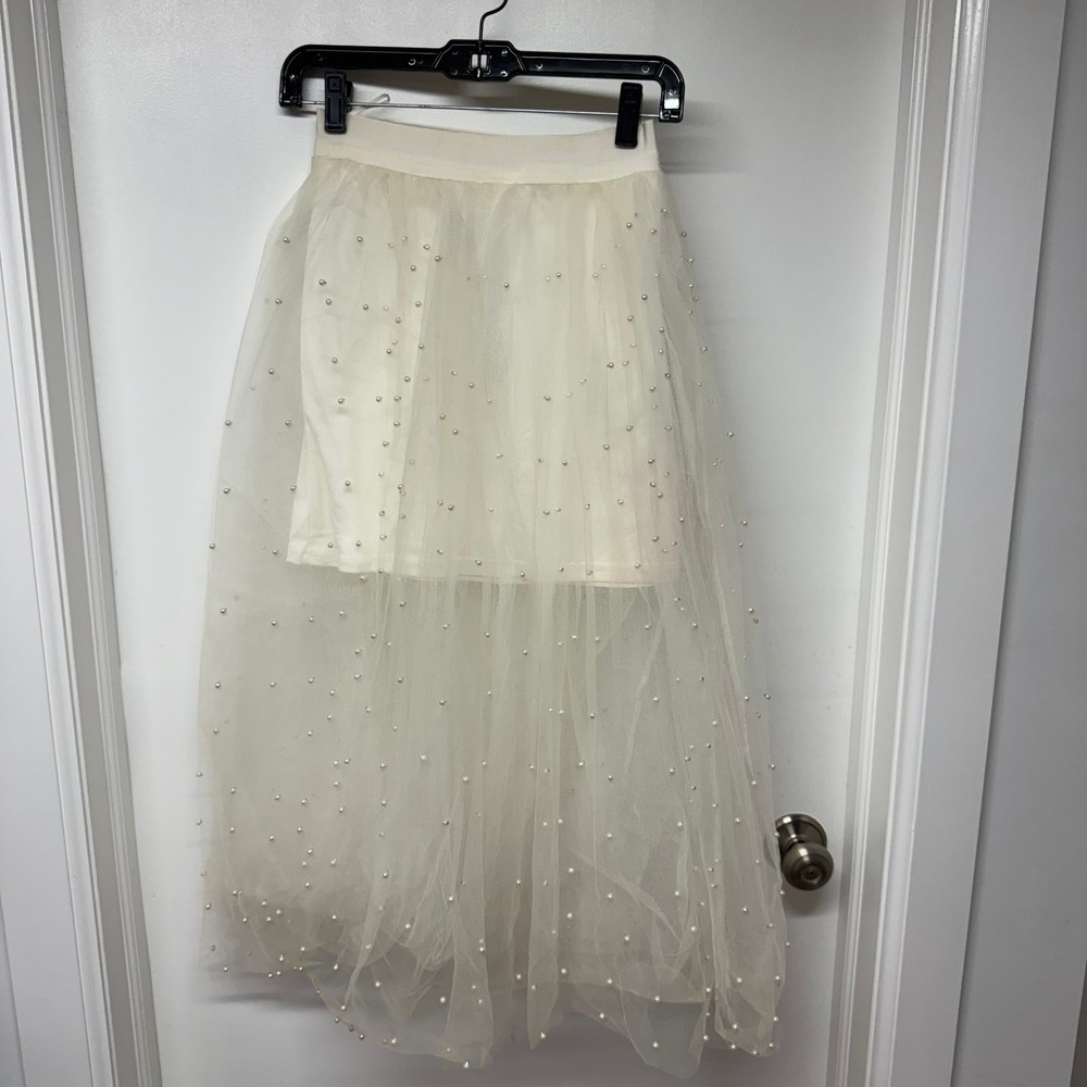Miss Avenue Cream Tulle Pearl Skirt A-Line Mini Midi Small Tutu