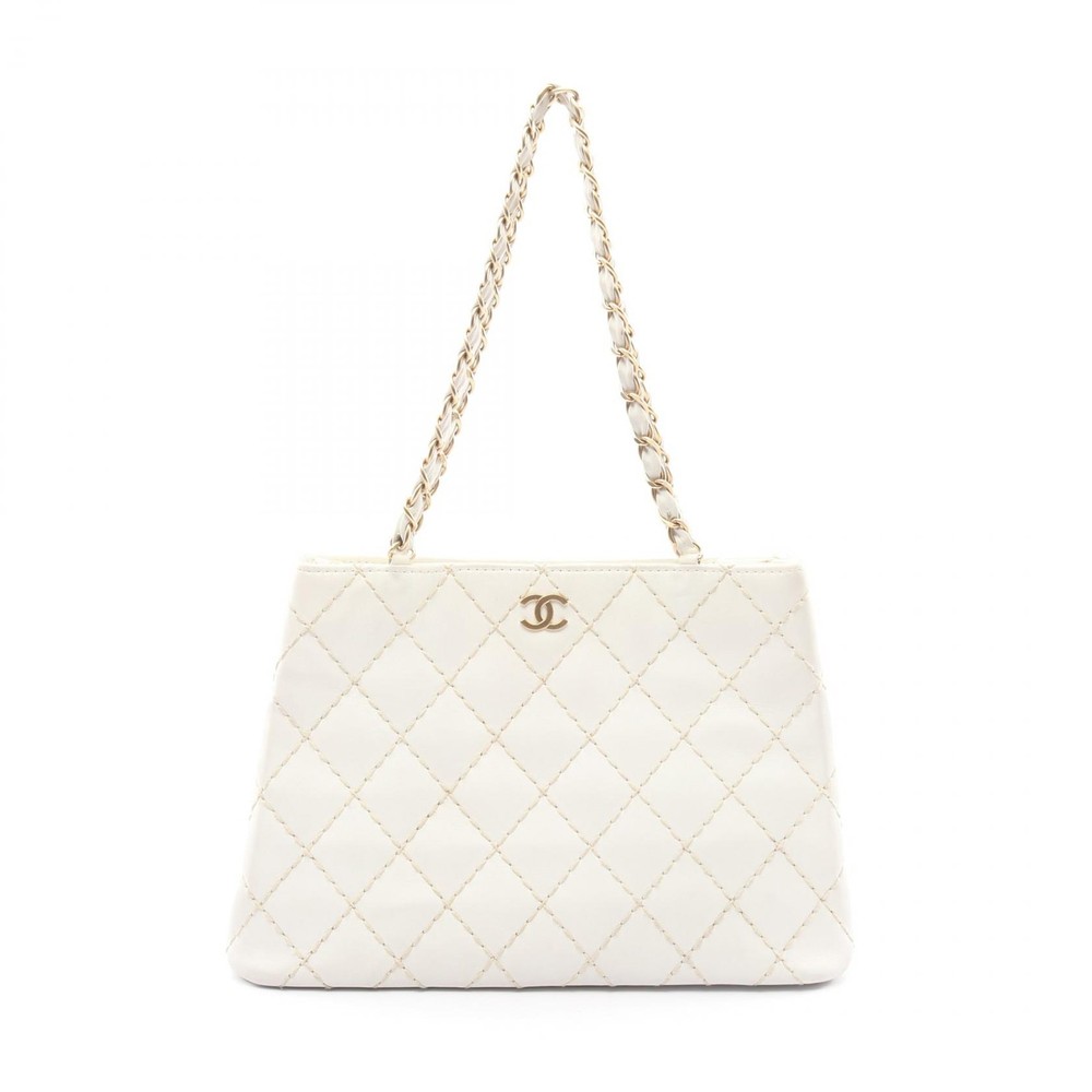 CHANEL Wild stitch Tote chain shoulder Bag leather White Used Women GHW