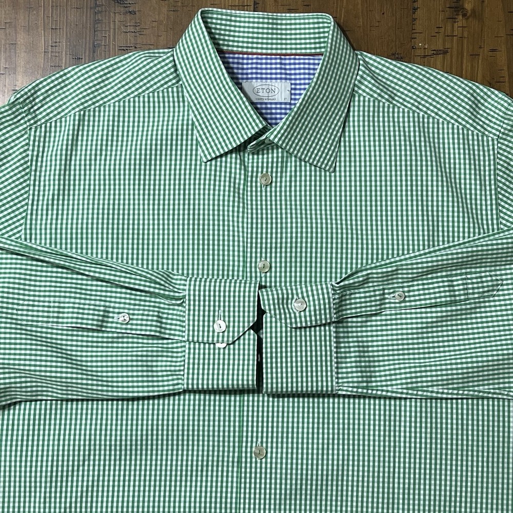 Eton Dress Shirt Mens 43 17 Green Gingham Check Long Sleeve Button