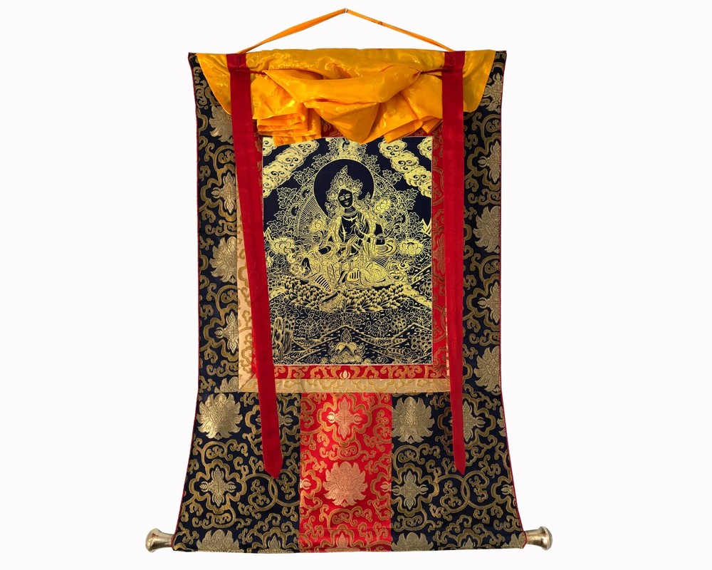 SIlk Brocade Mounted Green Tara Thangka Painting, Handmade Tibetan Art of Dholma