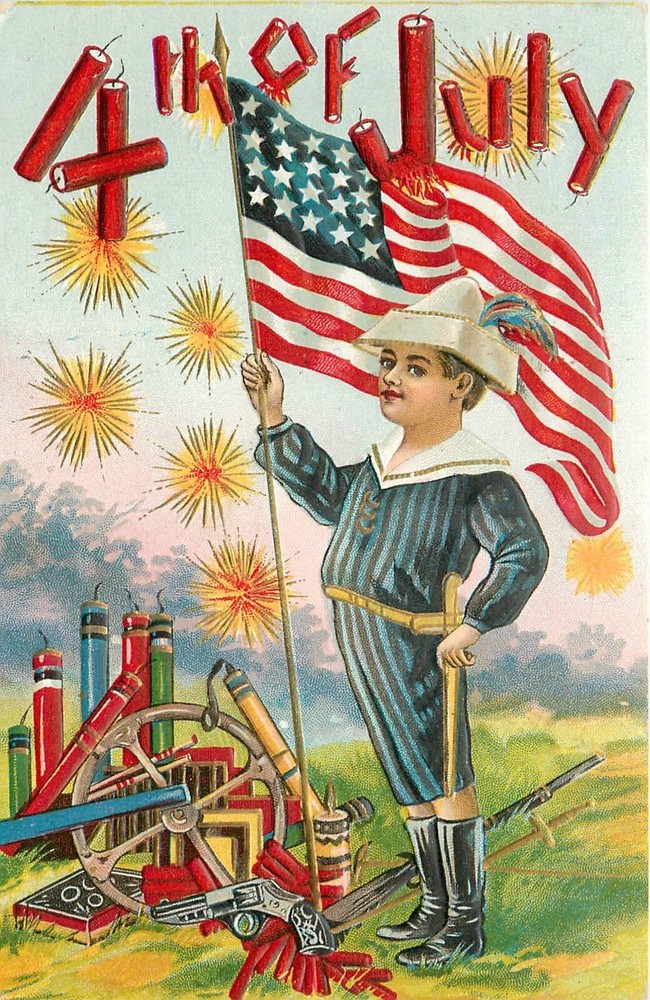 c1910 4th of July Fireworks Patriotic boy Flag Postcard 25-915