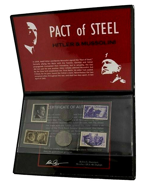 WWII Pact of Steel: Hitler & Mussolini Album 2 Coins 4 Stamps COA & History Inc.