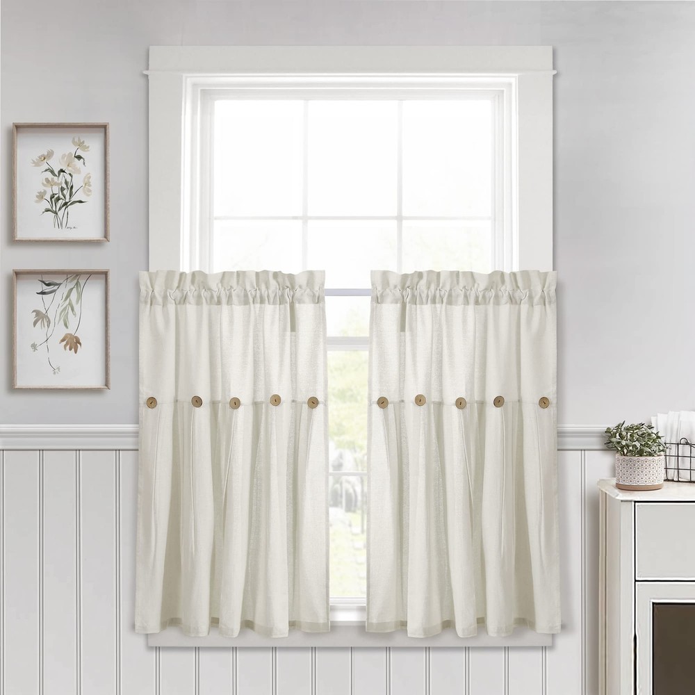 Linen Button Farmhouse Kitchen Curtains Tier Set 29