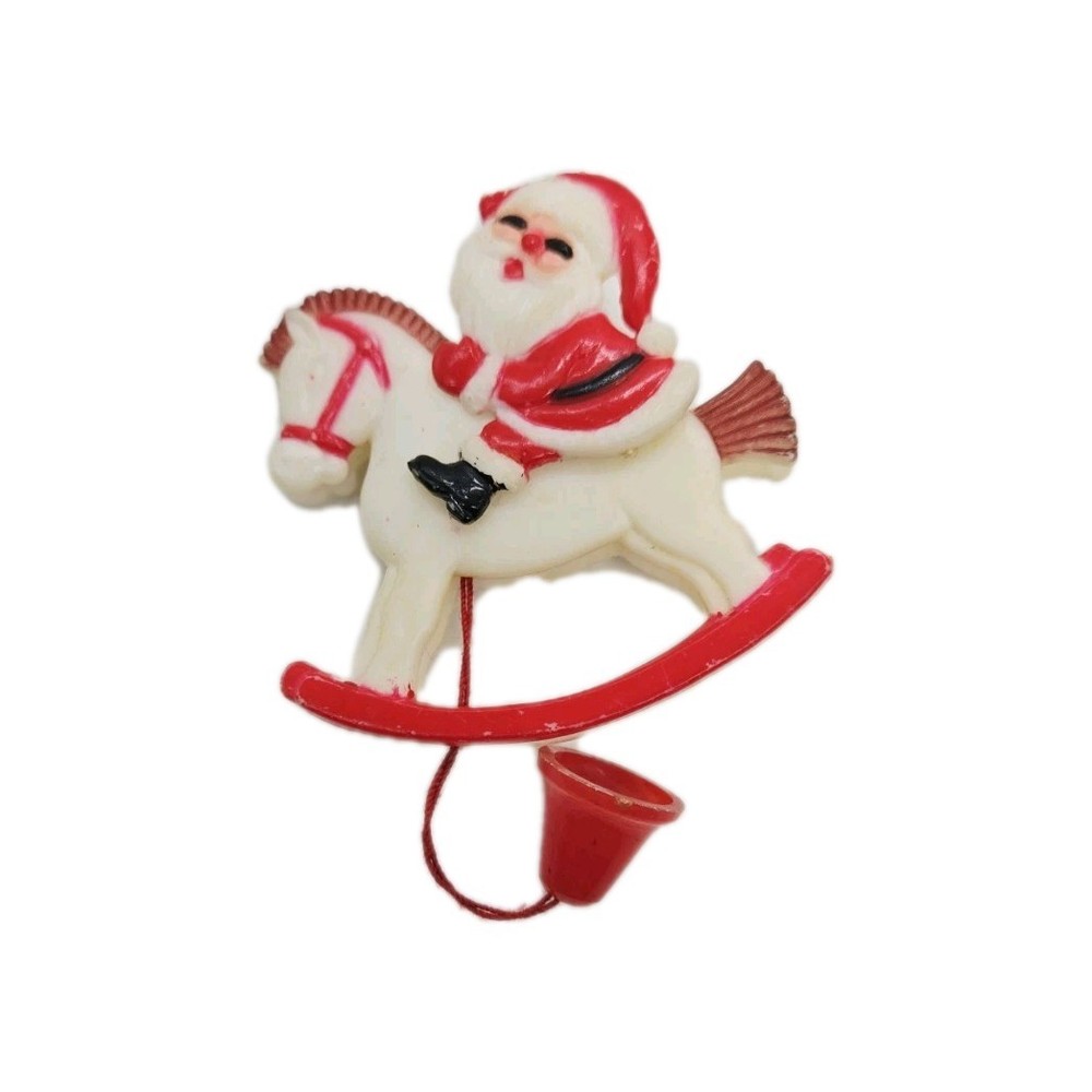 Christmas Santa Claus Brooch on Rocking Horse Pin Pull String Vintage