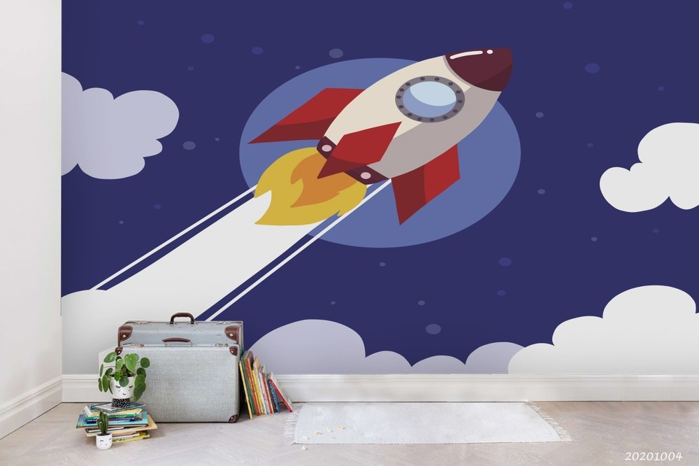3D Space Rocket Clouds Illustration Wall Murals Wallpaper Murals Wall Sticker 4