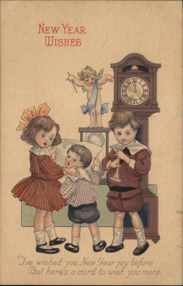 New Years Cherub Conducts Children Singing Clock c1900-20s Vintage Postcard-image