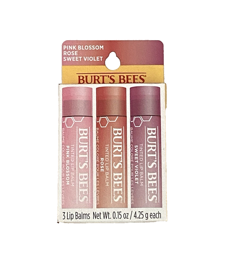 Burt's Bees Tinted Lip Balm 3-Pack - Sweet Violet Rose Pink Blossom Hydrating Lip Care