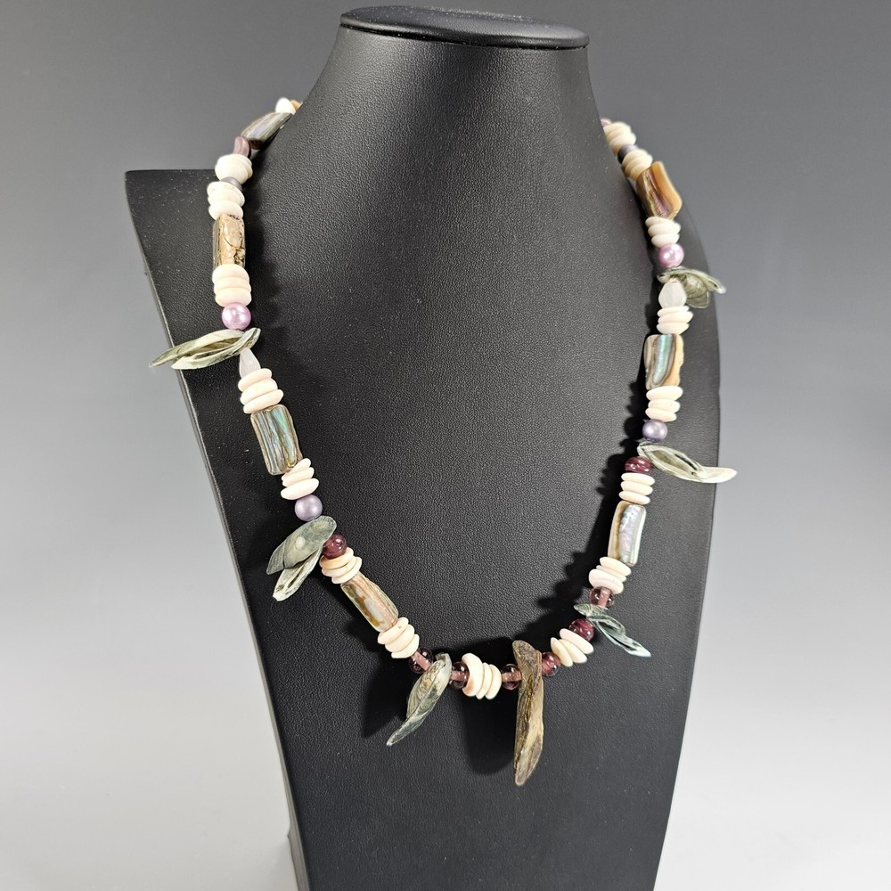 Vintage Abalone Puka Necklace Beaded Hawaiian Beach Necklace 1970's