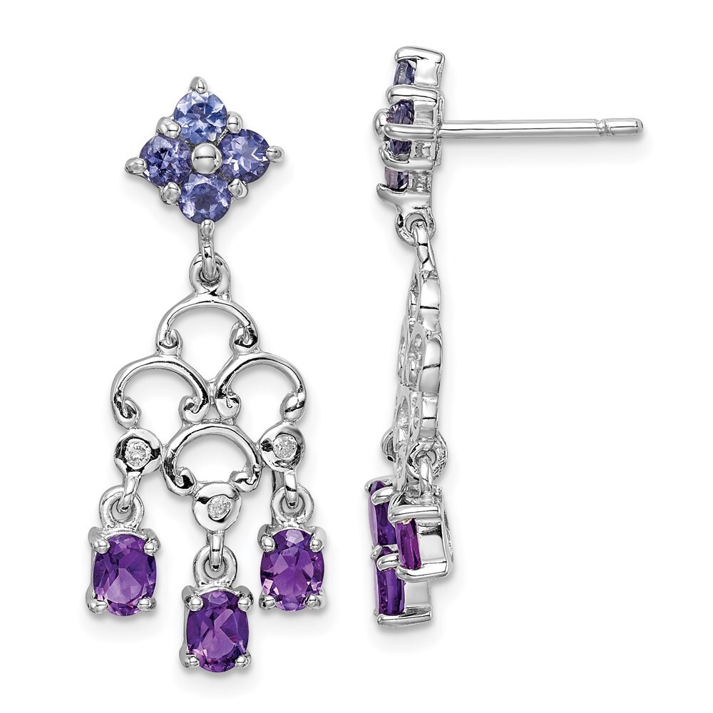 Sterling Silver Rhodium-plated Amethyst Iolite & Diamond Drop & Dangle Earrings