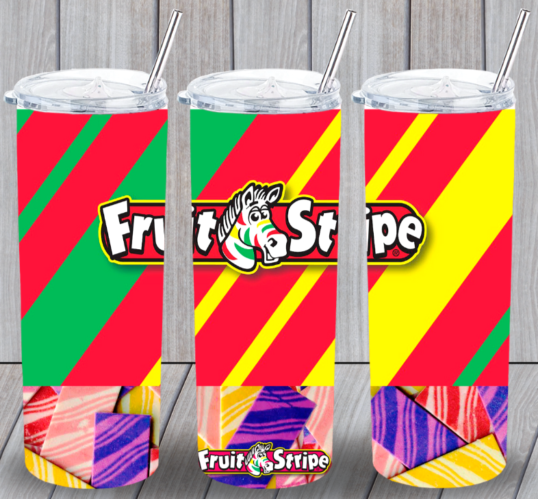 Fruit Stripe Gum Multicolor 20oz Insulated Tumbler Lid Plastic Straw New