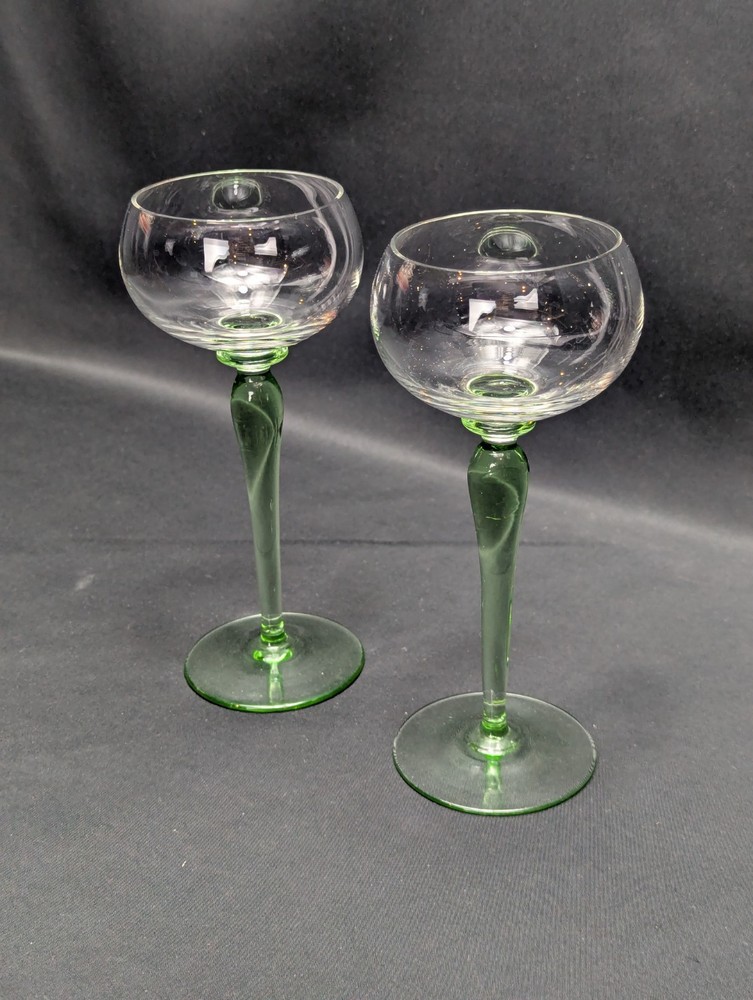 Bohemian Art Nouveau Green Stem Wine and Champagne Glasses Pair