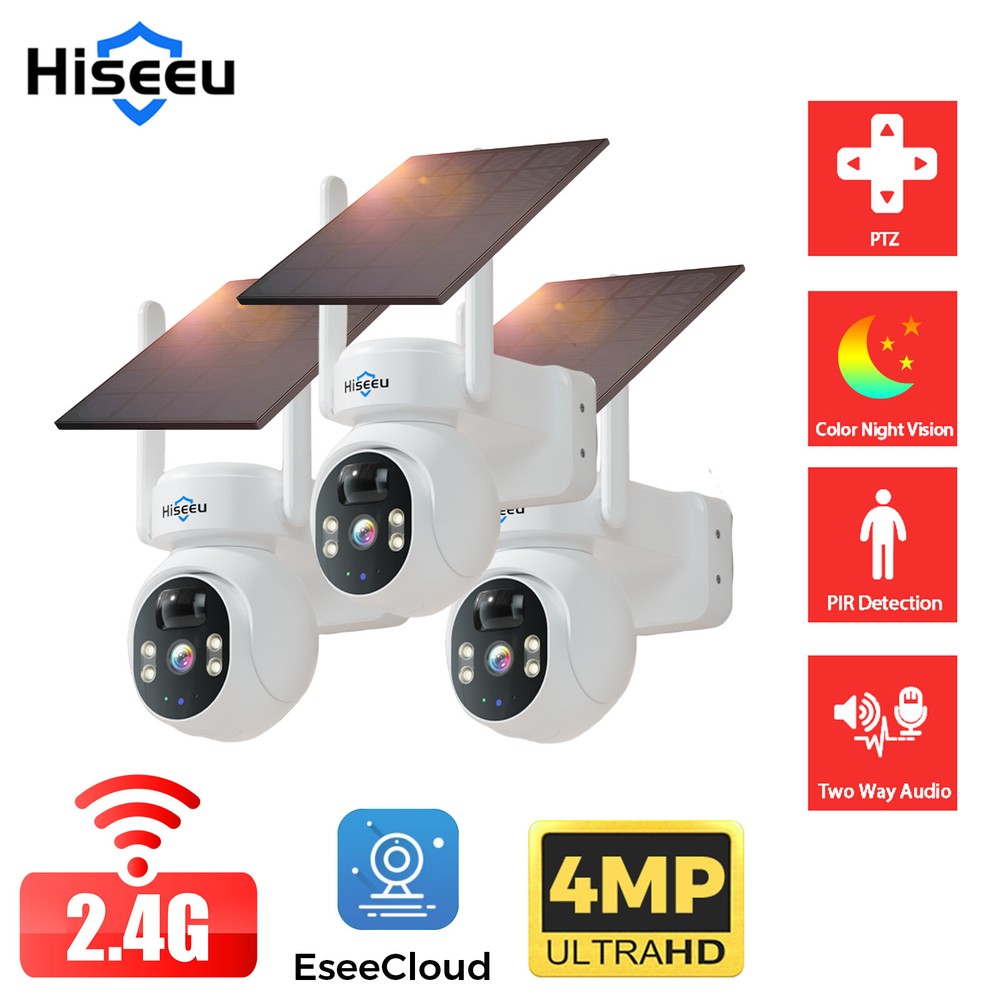 1~3PCS Hiseeu WIFI Solar Panel Battery 4MP Wireless PTZ Security Camera Outdoor