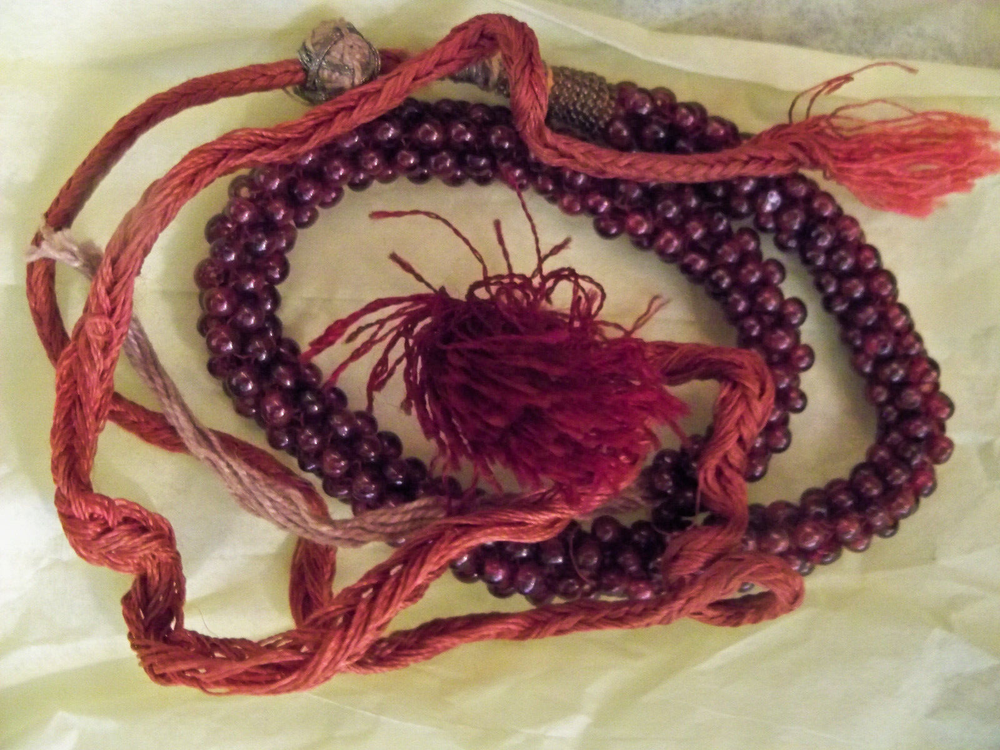 Antique Chinese garnet prayer bead boho silk necklace with seed beads