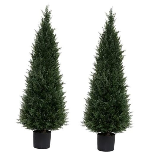 4-Foot Artificial Topiary Tree Pair – UV-Resistant Potted Shrubs for Front Porch or Patio Decor