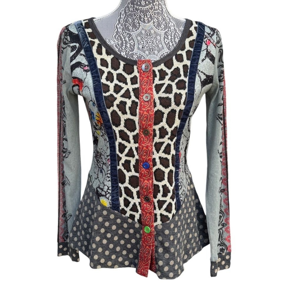 Lulu H Paris Women’s S Patchwork Multicolor Bohemian Button Up Peplum Top