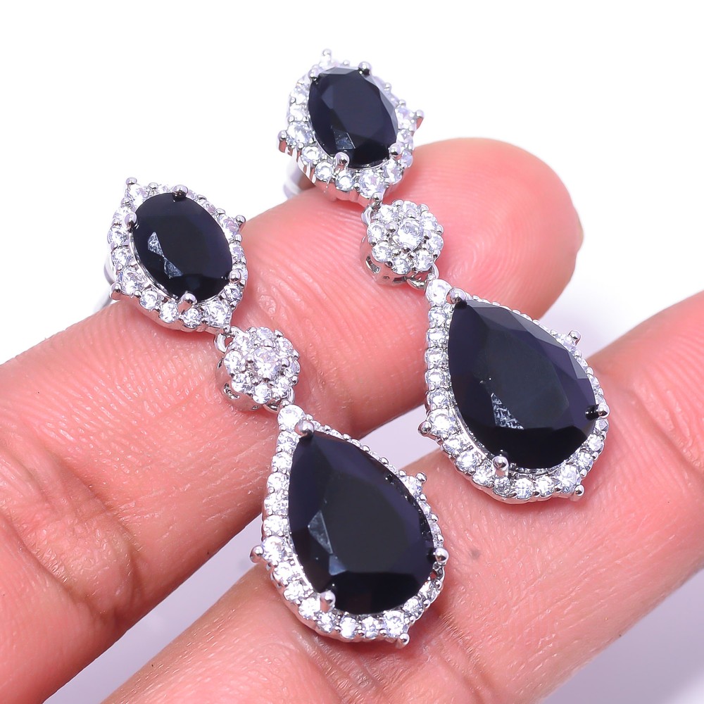 Black Onyx & Cubic Zirconia Gemstone 925 Sterling Silver Earring 1.37