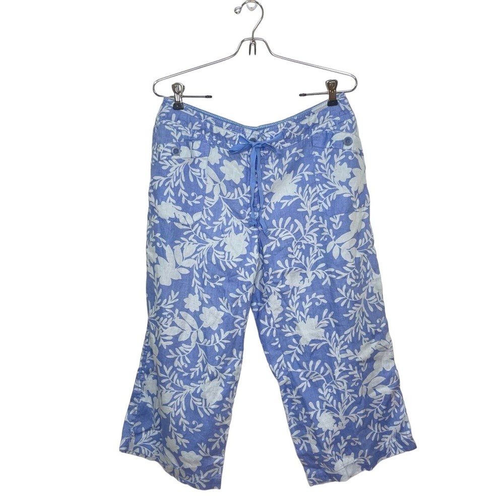 SIGRID OLSEN Periwinkle Purple Floral Linen Wide Leg Cropped Capri Pants Size 10