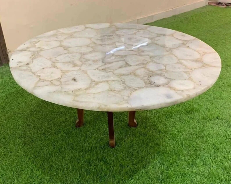 White Agate Round Coffee Table Top, Agate Center Table Top, Home Decors 30