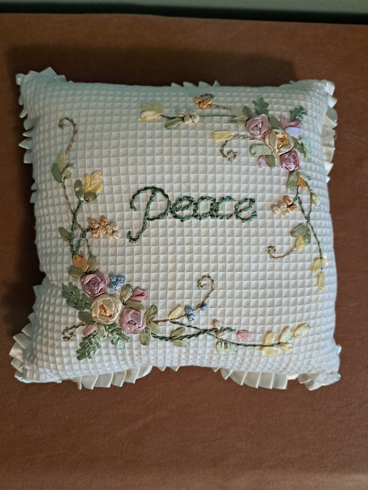 Peace Embroidered Ribbon Roses Throw Pillow