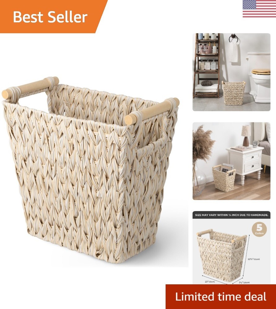 Handwoven Wicker Trash Can with Wooden Handles - Elegant Bathroom Garbage Basket
