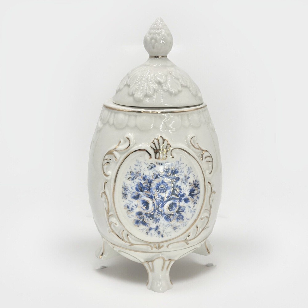 Vintage Rococo Porcelain Egg-Shaped Pedestal Candy Jar with Lid