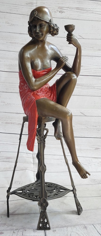 Semi-nude flapper girl bronze statue, champagne lady relaxing, elegant gift NR