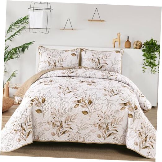Aninbedding Floral King Quilt Set,Botanical Bedspread King(104