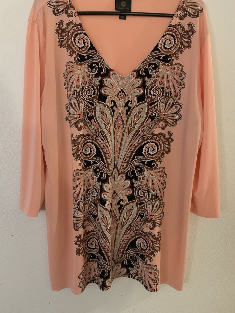 JM COLLECTION 2X Peach/Multi Textured Floral Paisley women’s blouse With Sequins
