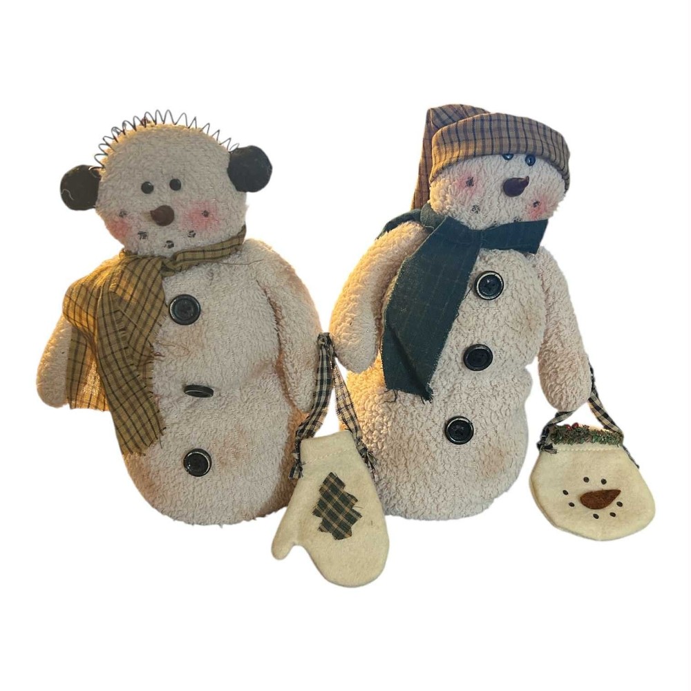 SET OF 2 VINTAGE CLOTH WEIGHTED SNOWMEN SHELF SITTERS MOM&POP HOLIDAY DECOR 12