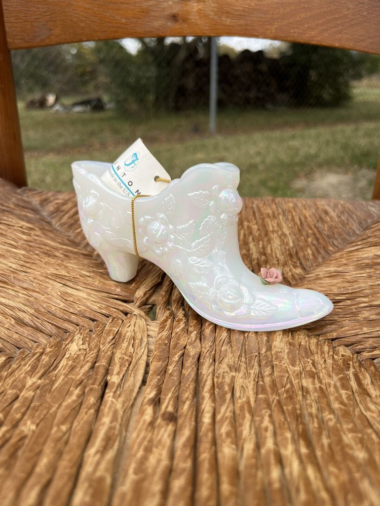 Fenton White Iridescent Cabbage Rose Milk Glass Slipper Shoe with Tag