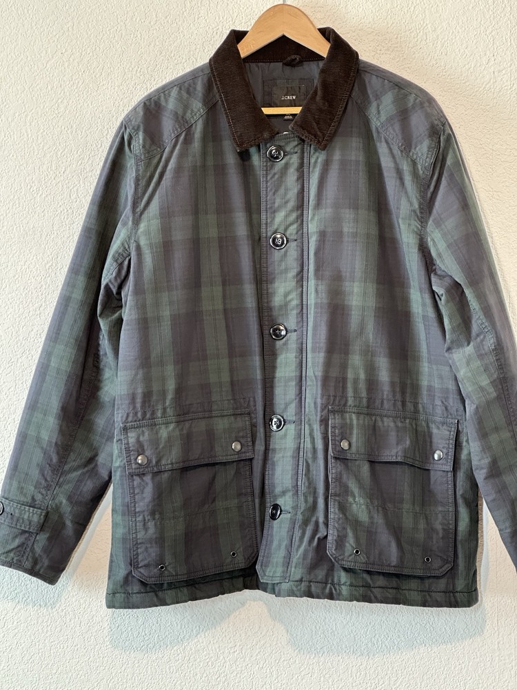 J Crew Chore Barn Coat Jacket Mens XL Green/Blue Plaid Lined Corduroy Collar