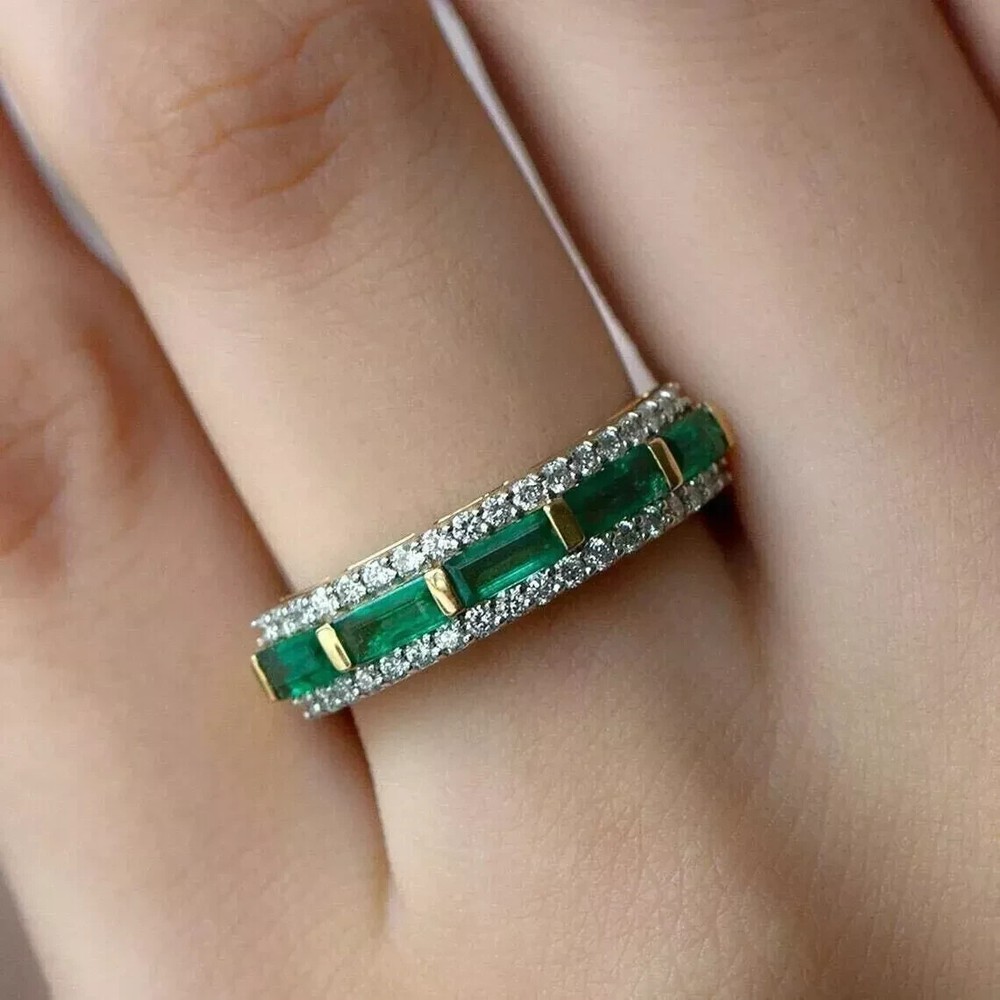 2Ct Lab-Created Green Emerald Eternity Wedding Band Ring 14K Yellow Gold Plated