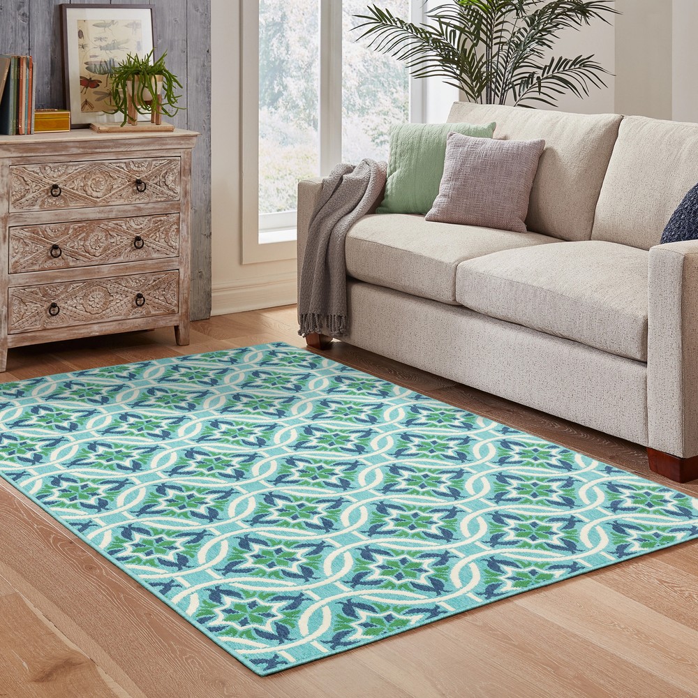 Martinique Floral Indoor-Outdoor Blue Green Area Rug 3x5