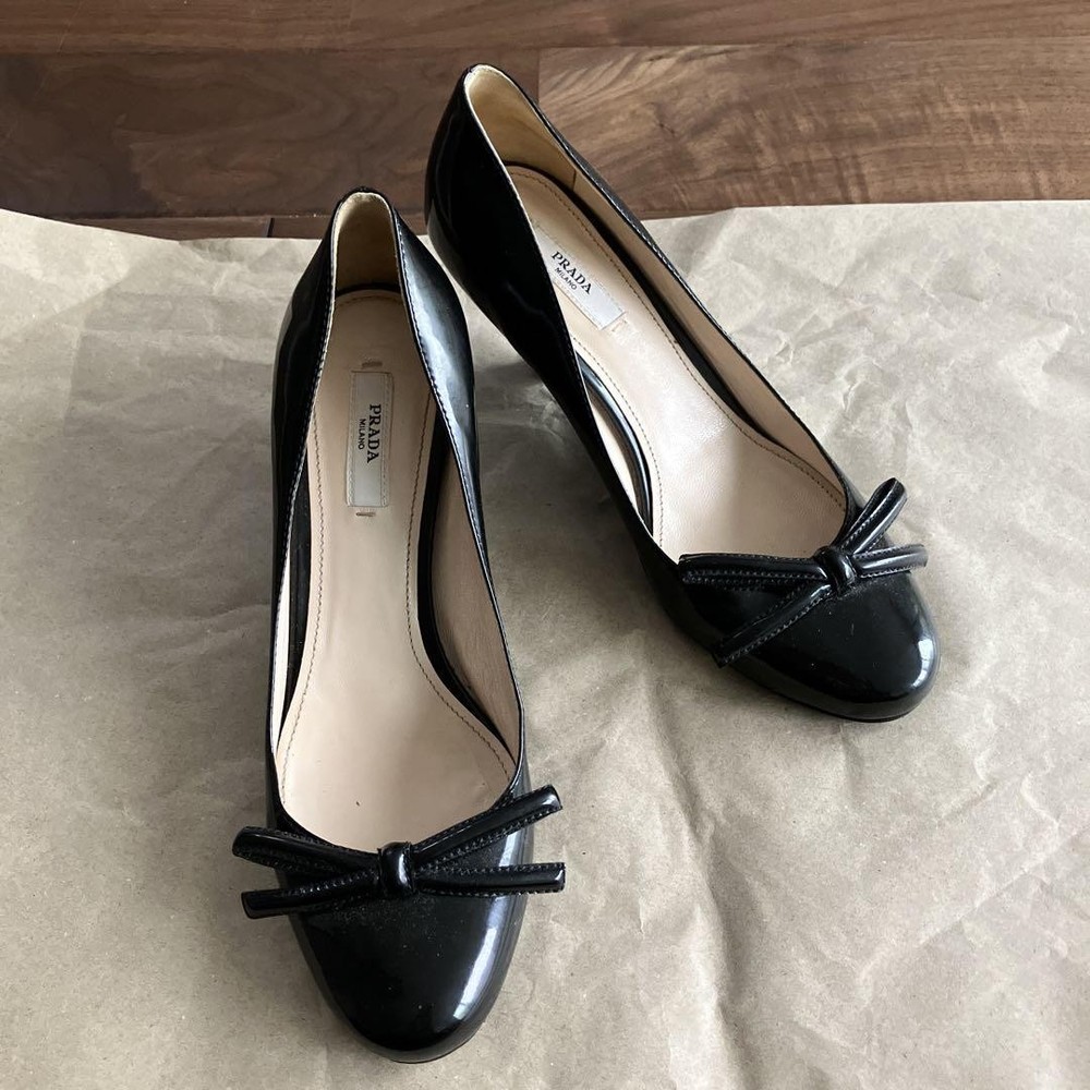 Prada Black Ribbon Wedge Pumps Size 5.5 23.5cm No Box Pre-Owned