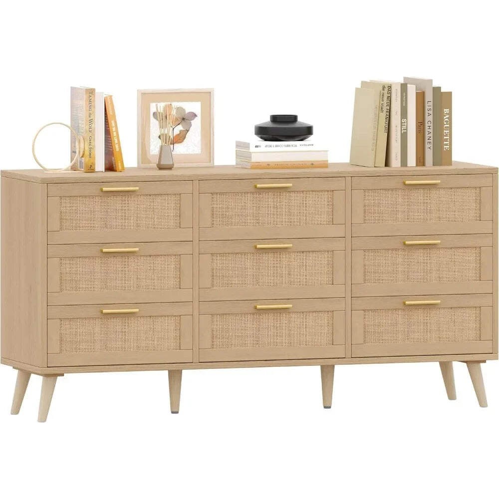 Modern 9-Drawer Double Dresser Rattan Chest for Bedroom Storage